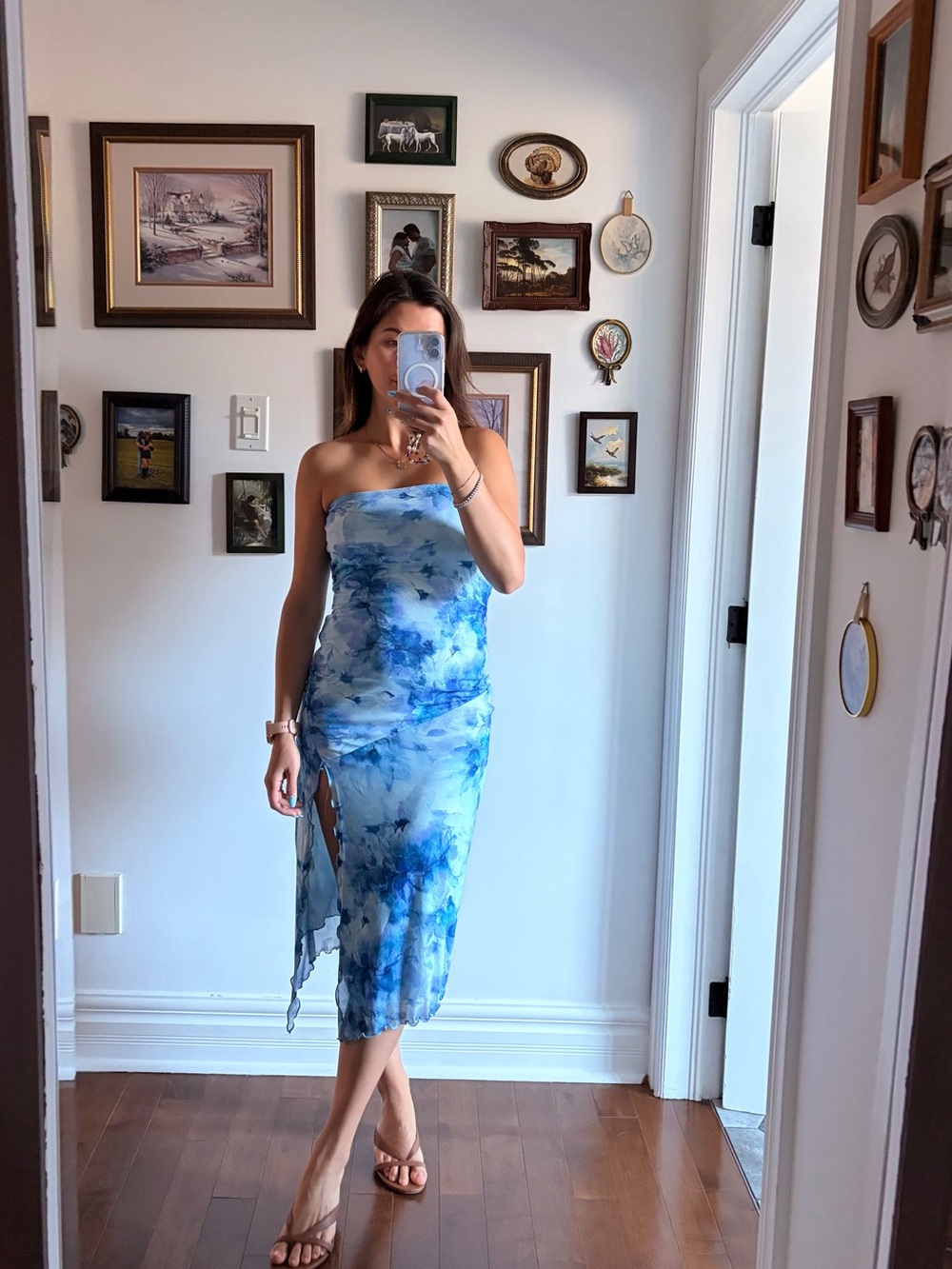 Strapless Blue Tie-Dye Midi Dress